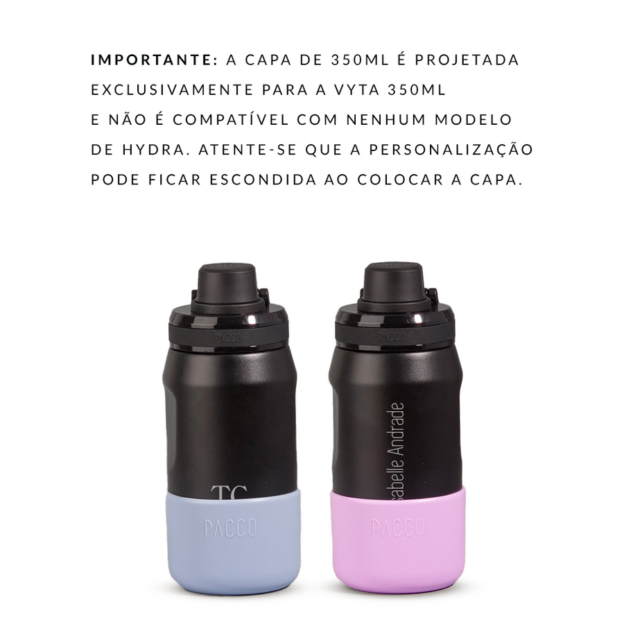 Garrafa térmica PACCO Vyta 350ml personalizada com as capas de silicone protetoras, alertando que a capa pode cobrir a gravação