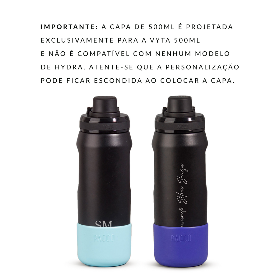 Garrafa térmica PACCO Vyta 500ml personalizada com as capas de silicone protetoras, alertando que a capa pode cobrir a gravação