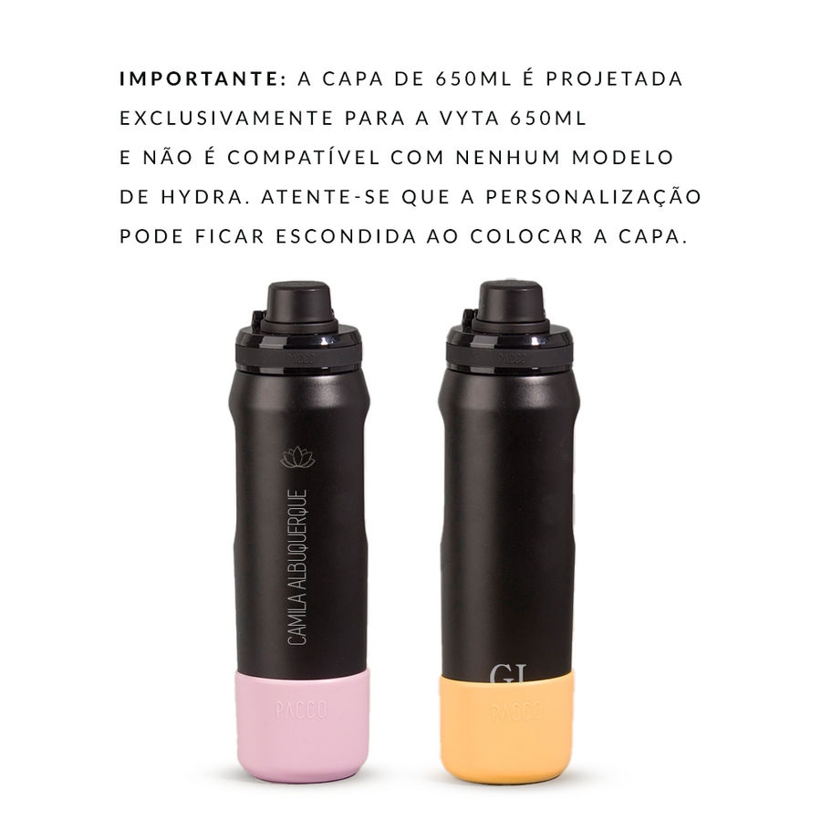 Garrafa térmica PACCO Vyta 650ml personalizada com as capas de silicone protetoras, alertando que a capa pode cobrir a gravação