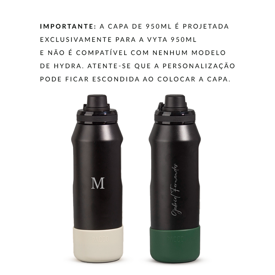 Garrafa térmica PACCO Vyta 950ml personalizada com as capas de silicone protetoras, alertando que a capa pode cobrir a gravação
