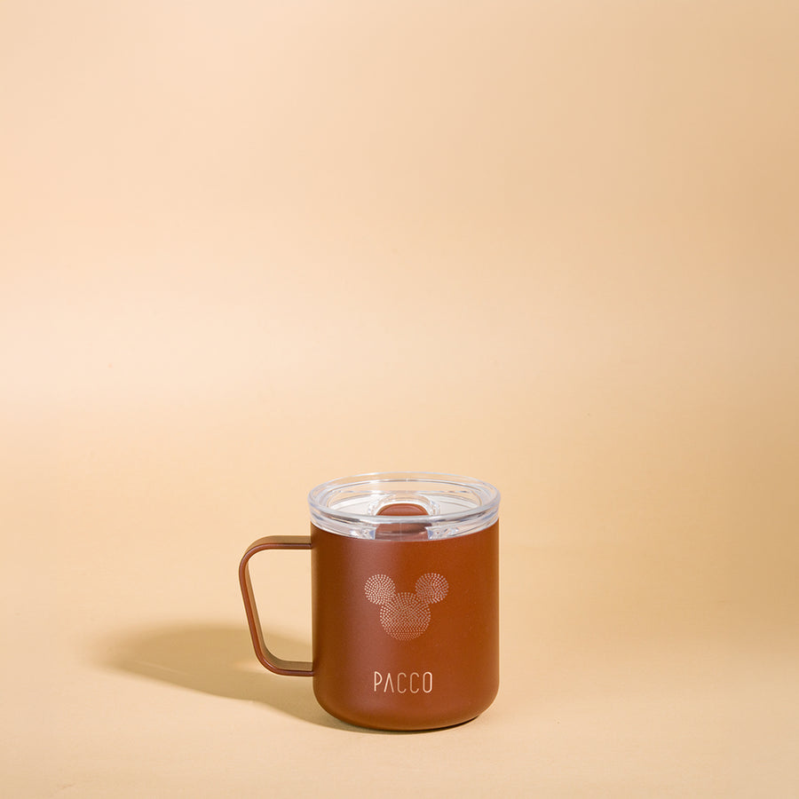 Caneca Térmica Fokus Mickey Head na cor Chocolate Amargo de 295ml PACCO com tampa transparente e silhueta do Mickey.