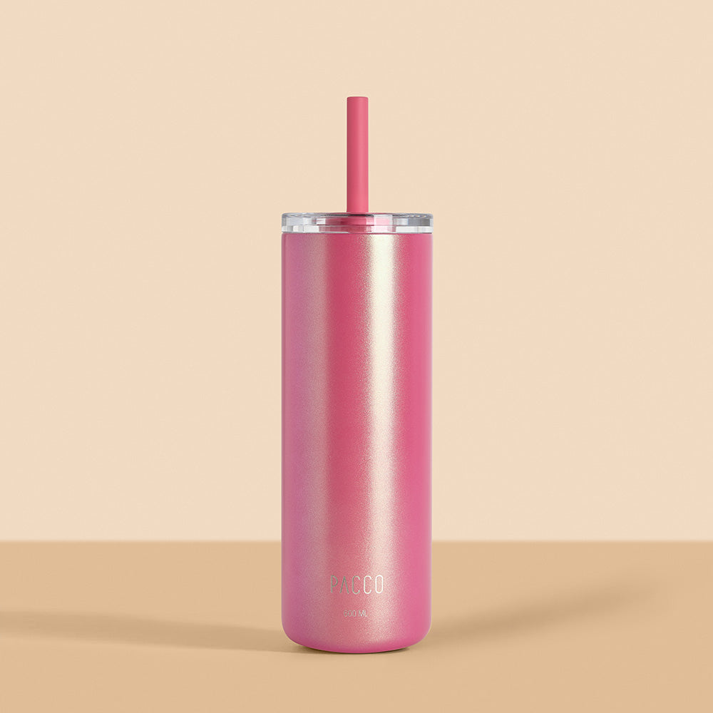 Copo Térmico Slim Cup 600ml Rosa Cristal PACCO vista frontal com bico de silicone.