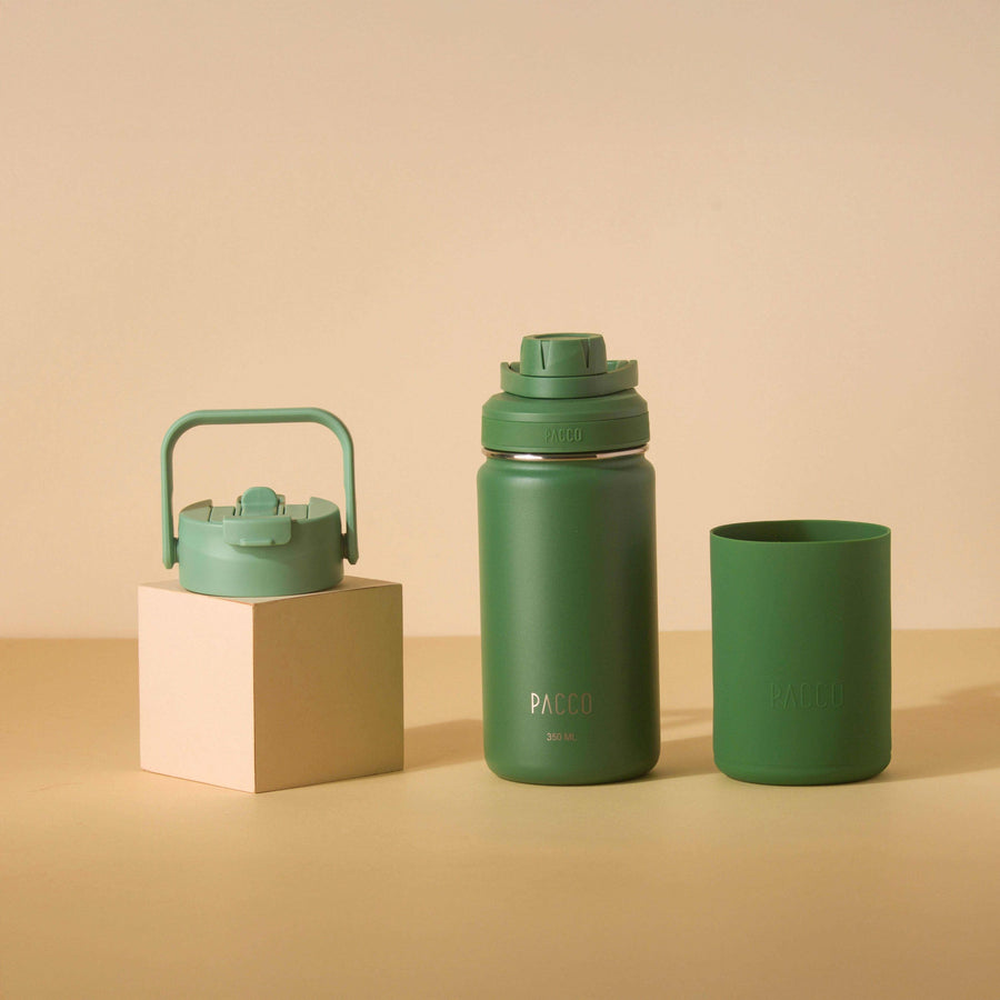 Kit Garrafa Térmica Hydra V2 350ml Verde Militar com Tampa Duo e Capa Regular