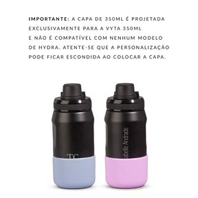 Garrafa térmica PACCO Vyta 350ml personalizada com as capas de silicone protetoras, alertando que a capa pode cobrir a gravação