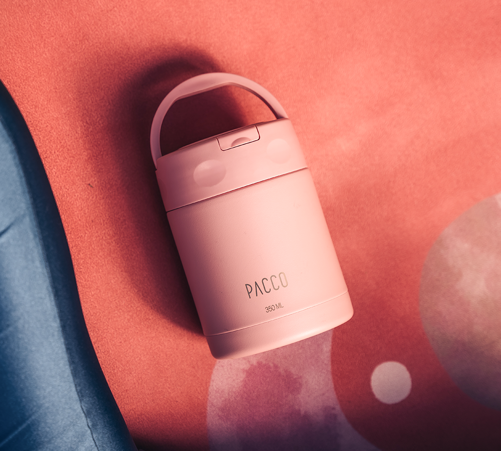 Pote térmico FoodJar da PACCO 350ml na cor rose, ideal para levar lanches e frutas.