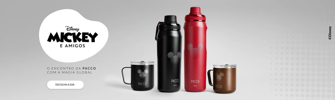Banner da Coleção MICKEY E AMIGOS DISNEY e PACCO. Encontro da PACCO com a magia global. garrafa térmica VYTA e caneca térmica Fokus com a estampa Mickey Head.