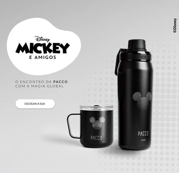 Banner da Coleção MICKEY E AMIGOS DISNEY e PACCO. Encontro da PACCO com a magia global. garrafa térmica VYTA e caneca térmica Fokus com a estampa Mickey Head.