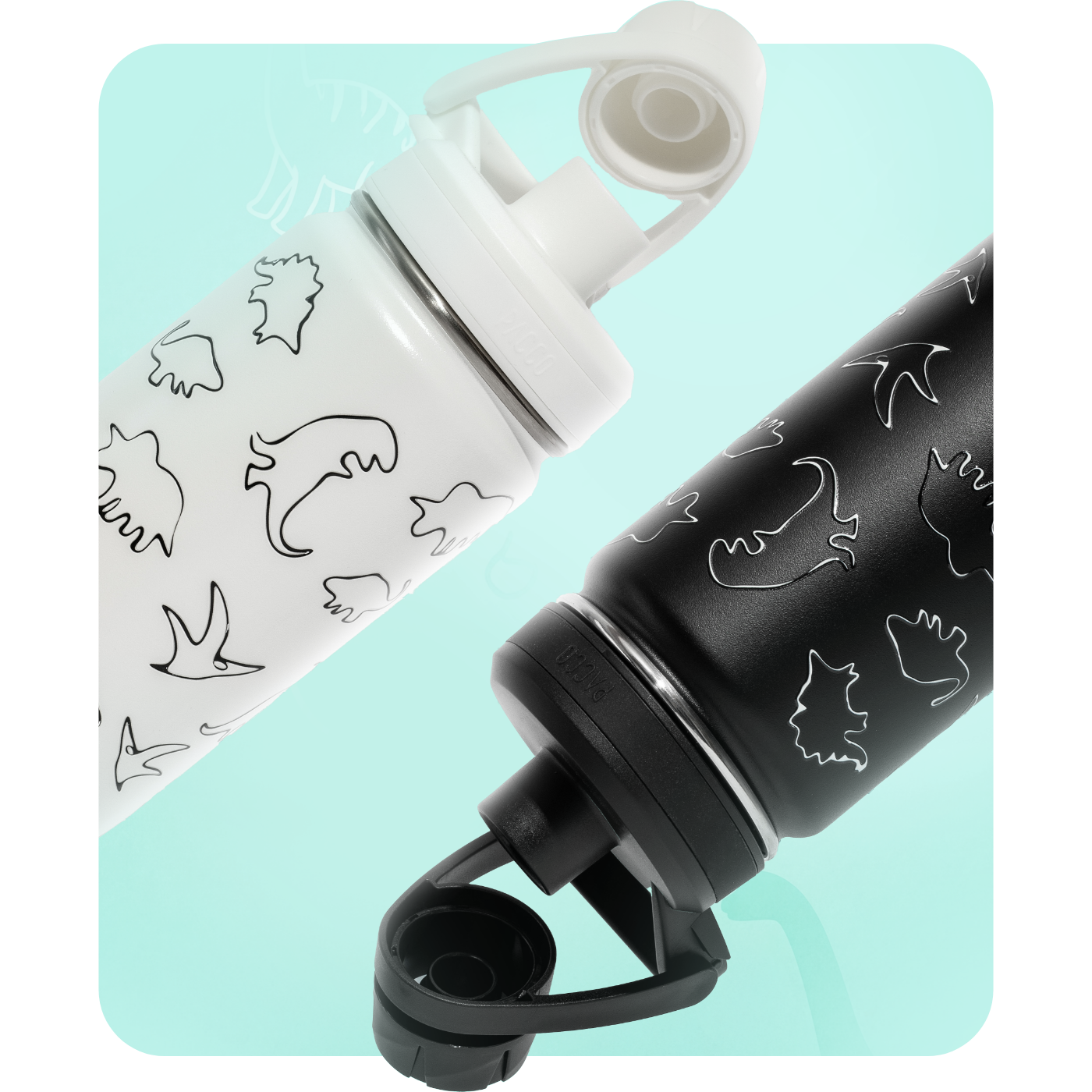 Garrafa térmica PACCO Kids branca de 500ml e preta de 500ml com estampa colorida de dinossauros. Possui tampa hermética branca e design ergonômico para crianças.
