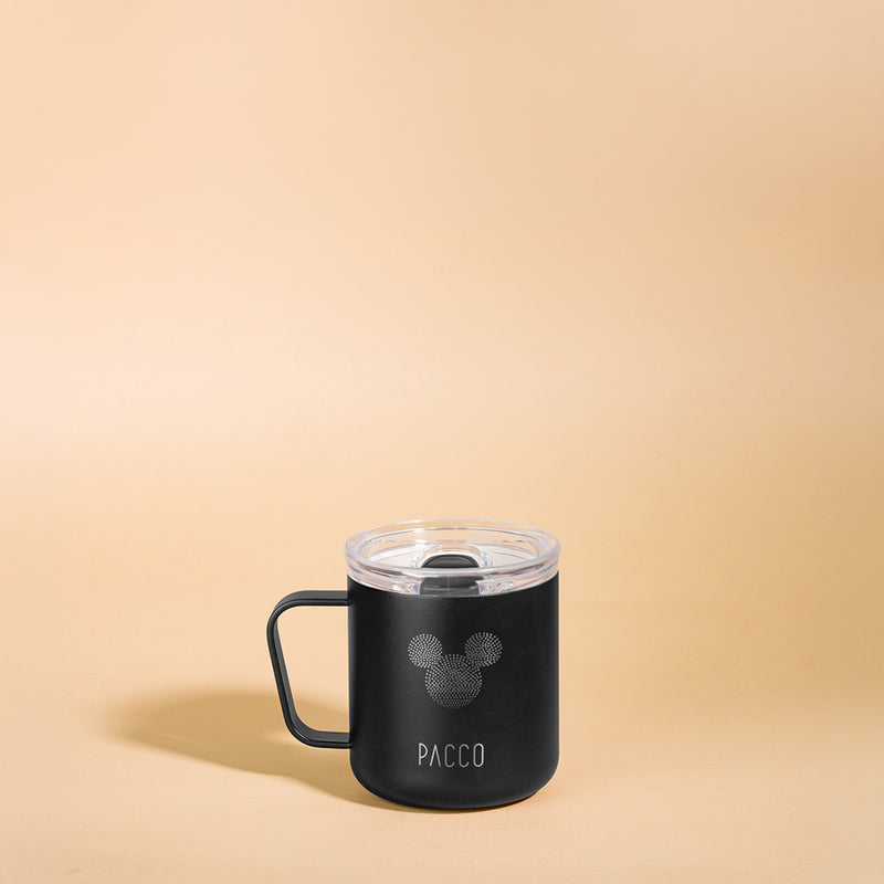 Caneca Térmica Fokus Mickey Head na cor Preto de 295ml PACCO com tampa transparente e silhueta do Mickey.