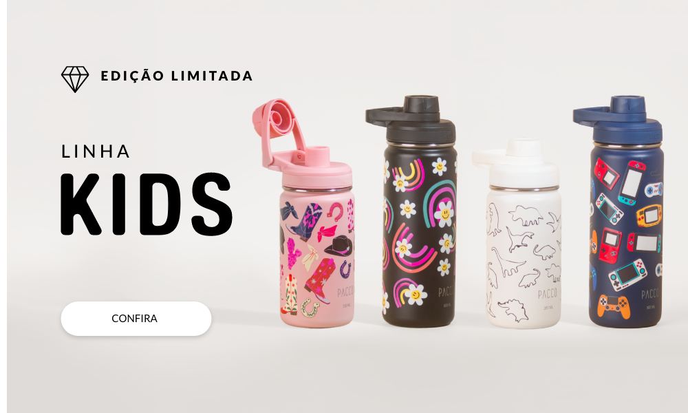 Coleção de garrafas térmicas infantis PACCO Kids com estampas temáticas: boiadeira (ícones country, botas e laços), arco-íris com margaridas, Dinossauros e Videogame Retrô com consoles clássicos.