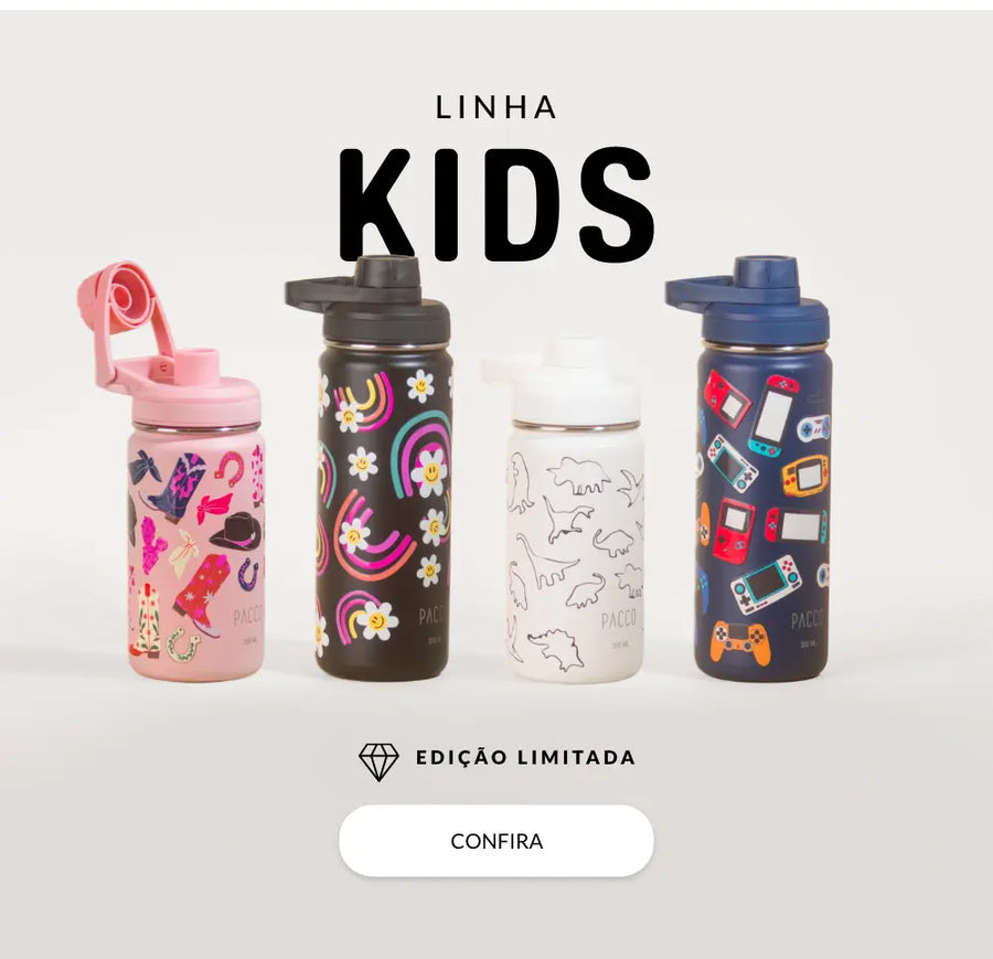 Coleção de garrafas térmicas infantis PACCO Kids com estampas temáticas: boiadeira (ícones country, botas e laços), arco-íris com margaridas, Dinossauros e Videogame Retrô com consoles clássicos.