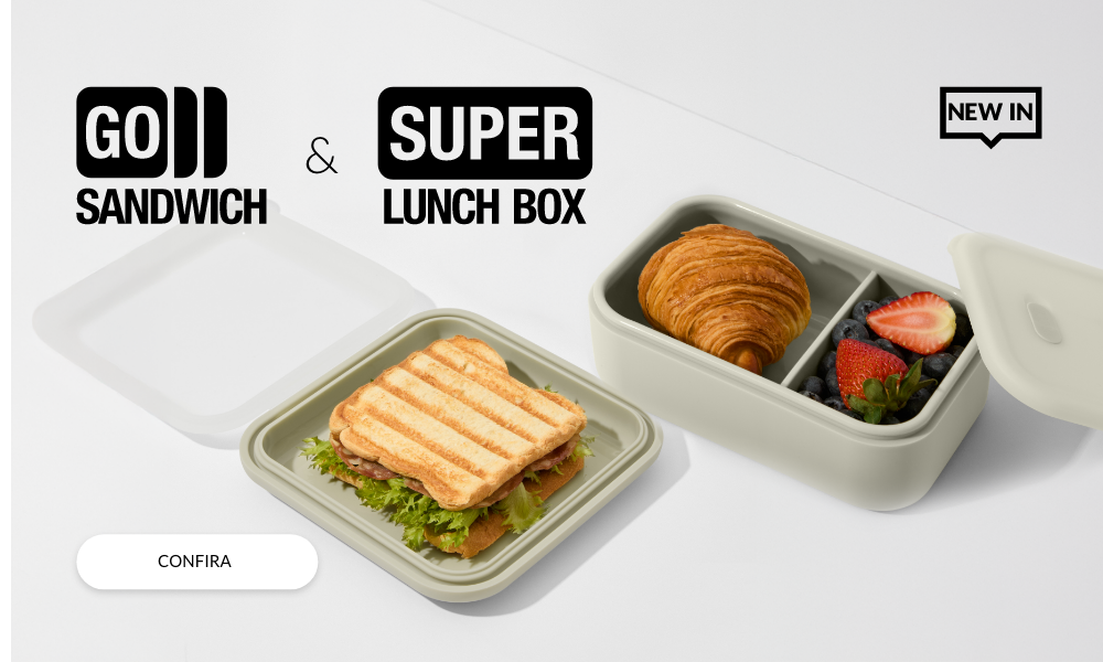 Pote de silicone Super Lunch Box da PACCO com divisórias, 950ml, e porta-sanduíche Go Sandwich, ambos na cor creme.