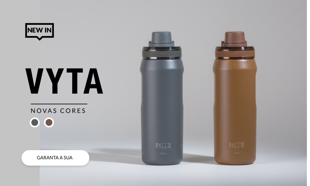Banner de lançamento da PACCO: novas cores da garrafa térmica VYTA, cinza e chocolate.