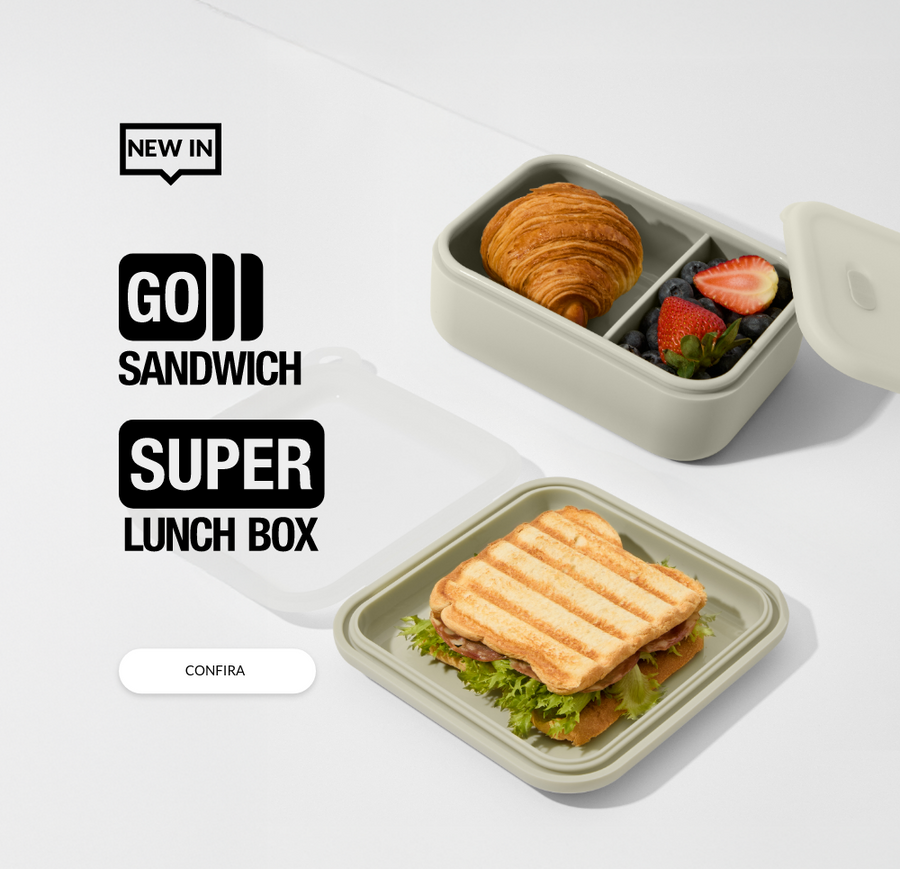 Banner de novidades da PACCO em produtos de alimentação: pote de silicone Super Lunch Box com divisórias e capacidade de 950ml, acompanhado do porta-sanduíche Go Sandwich, ambos na cor creme.
