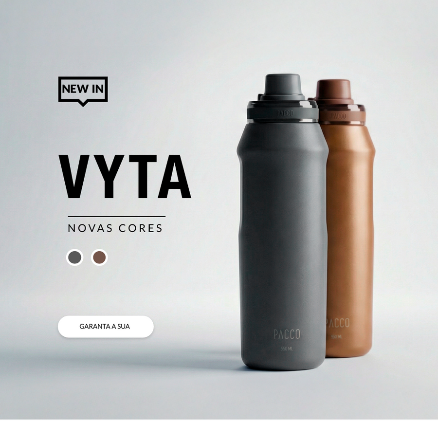 Banner de lançamento da PACCO: novas cores da garrafa térmica VYTA, cinza e chocolate.